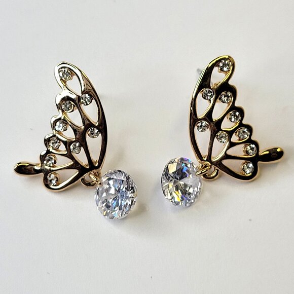 Gold Butterfly Wing Crystal Earrings Small Butterfly Filigree Wing Earrings - Picture 1 of 7